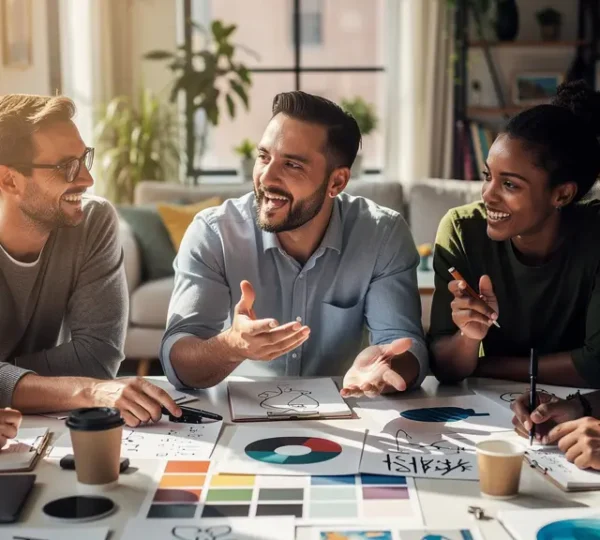 Kreatives Team entwickelt gemeinsam eine Markenstory in einem modernen Workshop-Raum