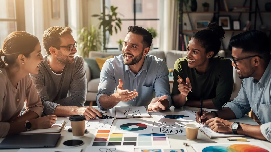 Kreatives Team entwickelt gemeinsam eine Markenstory in einem modernen Workshop-Raum