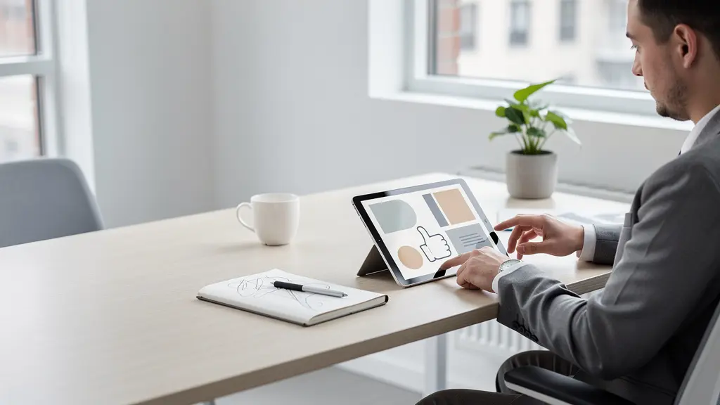 Ein Nutzer interagiert mit einem dezenten Feedback-Element am Ende eines Inhalts auf einem Tablet.