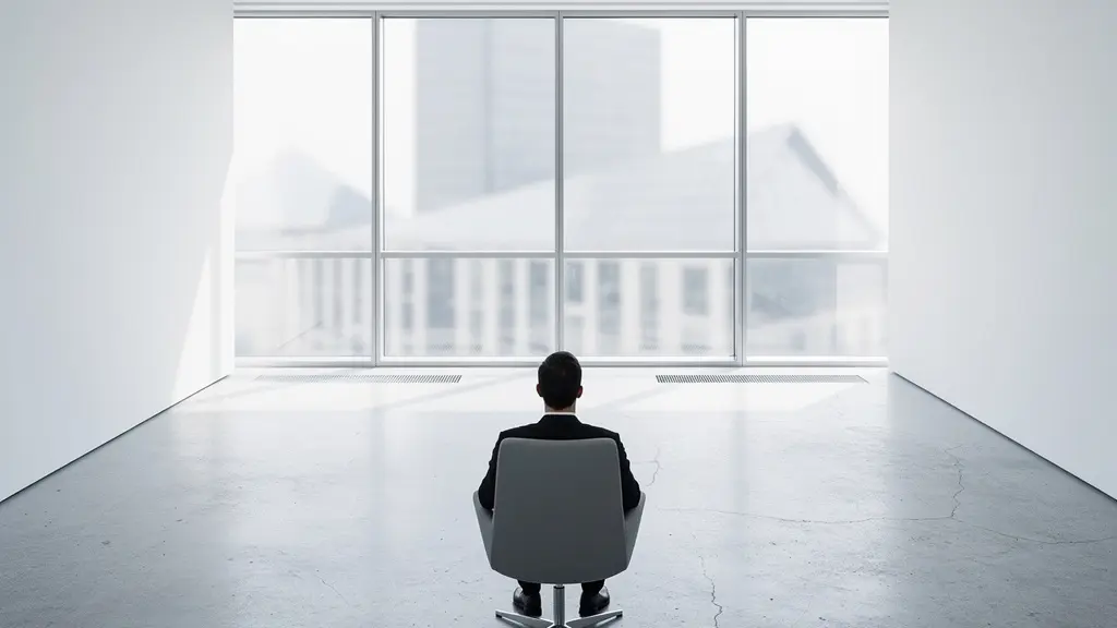 Business Professional in minimalistischer Büroumgebung beim strategischen Denken
