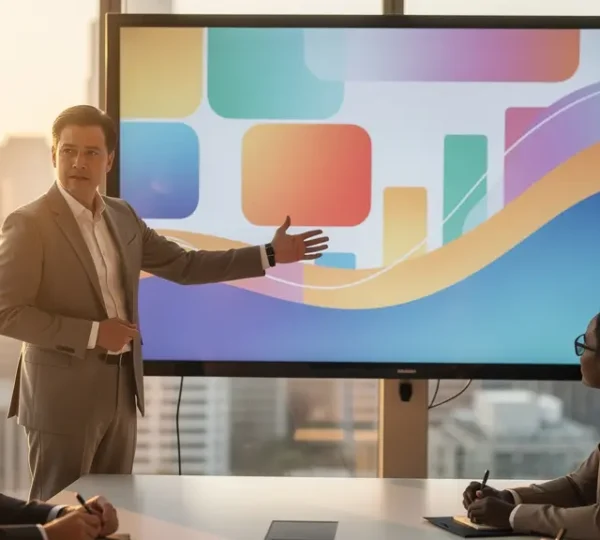 CEO analysiert Performance-Dashboard während Präsentation im modernen Konferenzraum