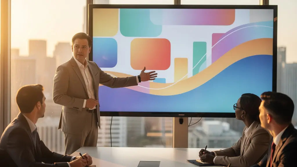 CEO analysiert Performance-Dashboard während Präsentation im modernen Konferenzraum