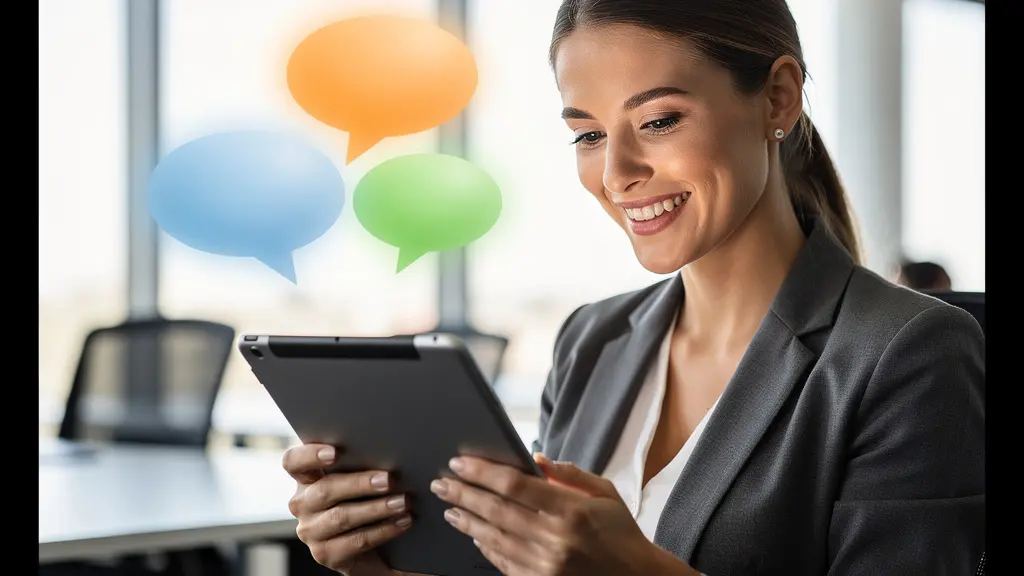 Geschäftsfrau testet verschiedene Chatbot-Persönlichkeiten auf einem Tablet und wirkt zufrieden