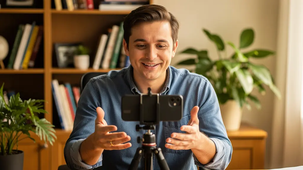 Content-Creator nimmt Video mit Smartphone auf Stativ im Home-Office auf