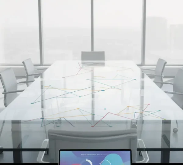 Modernes Büro mit transparenten Datenvisualisierungen und Datenschutz-Symbolen