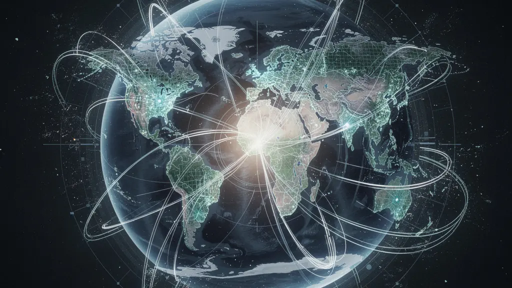 Weltkarte mit vernetzten Marketingprozessen, die die globale Orchestrierung von Kampagnen symbolisiert