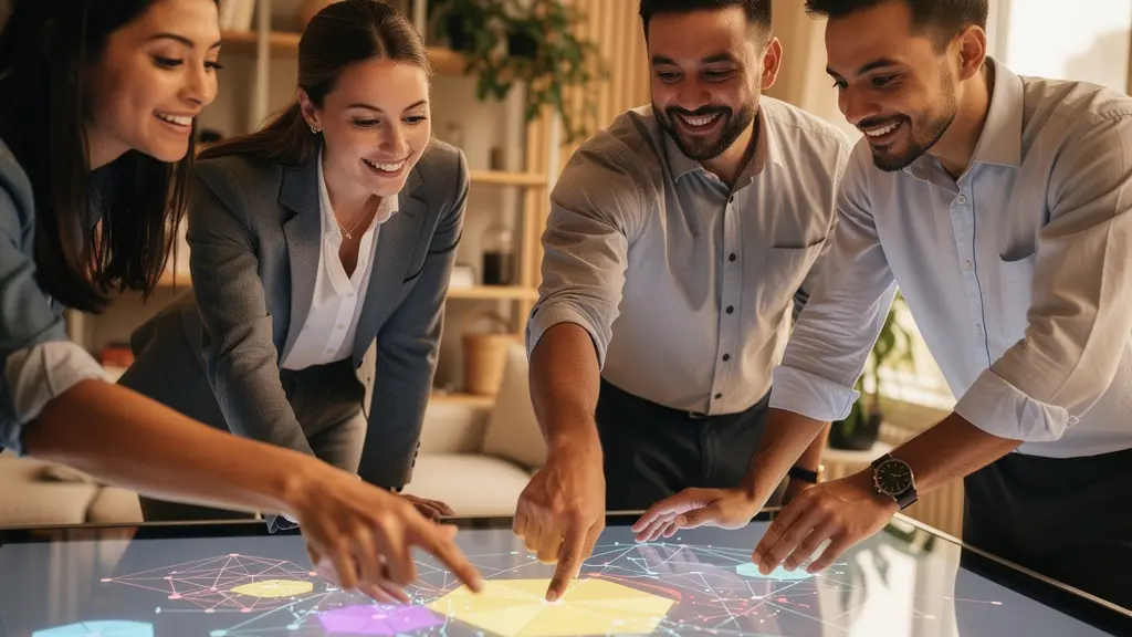 Netzwerk globaler Teams, die in einem modernen Büro harmonisch an einer Markenstrategie zusammenarbeiten.