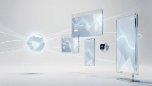 Futuristische Darstellung einer vernetzten Omnichannel-Marketing-Architektur mit zentralem Content-Hub