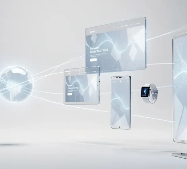 Futuristische Darstellung einer vernetzten Omnichannel-Marketing-Architektur mit zentralem Content-Hub