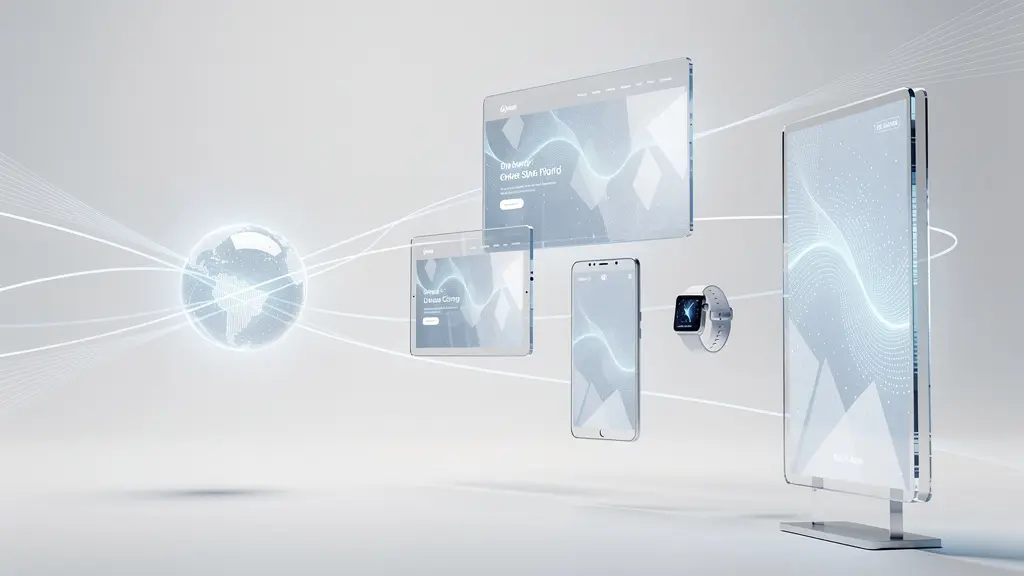 Futuristische Darstellung einer vernetzten Omnichannel-Marketing-Architektur mit zentralem Content-Hub
