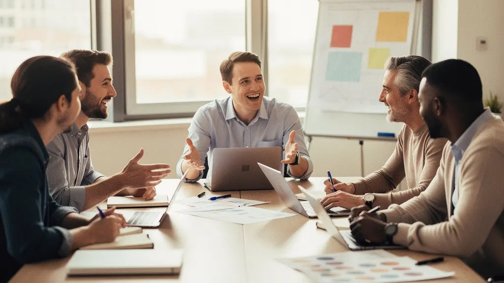 Kleine Gruppe motivierter Mitarbeiter in Workshop-Situation zur Entwicklung als Corporate Influencer