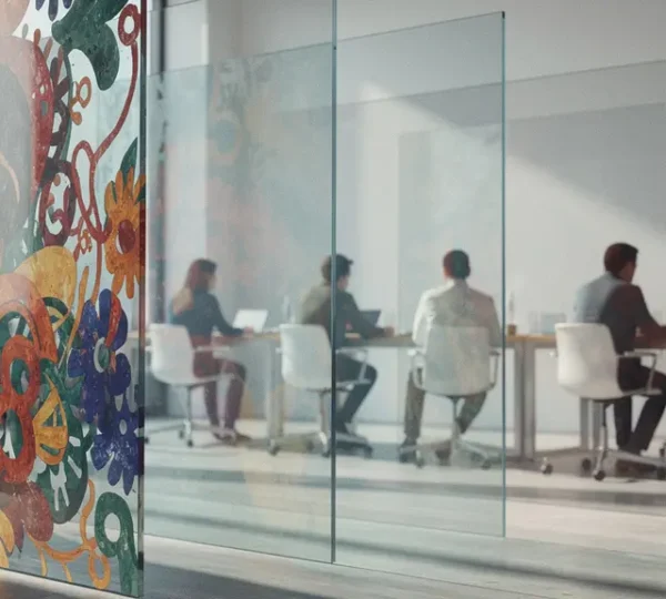 Marketing-Team analysiert Content-Strategie mit abstrakten visuellen Elementen