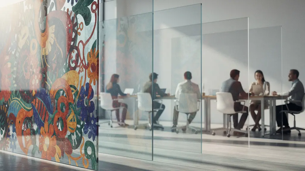 Marketing-Team analysiert Content-Strategie mit abstrakten visuellen Elementen