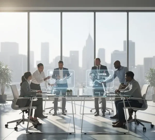 Marketing-Team analysiert Cloud-Performance-Dashboards in modernem Büro
