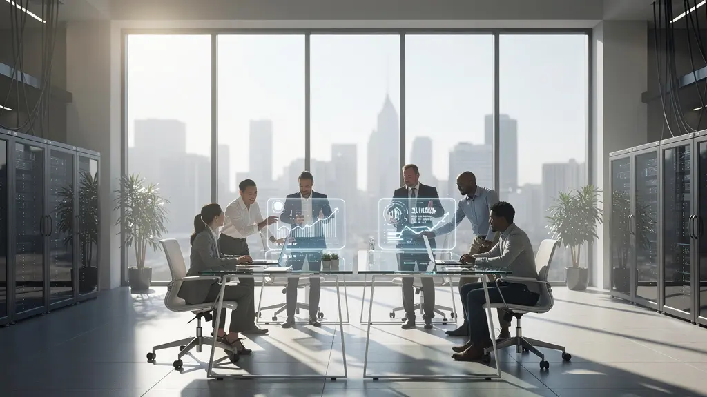 Marketing-Team analysiert Cloud-Performance-Dashboards in modernem Büro