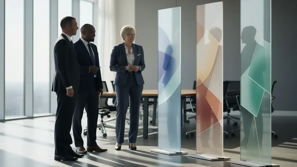Vier verschiedene Strategien der Markenintegration nach Übernahmen, dargestellt durch abstrakte visuelle Metaphern auf Glaspaneelen.