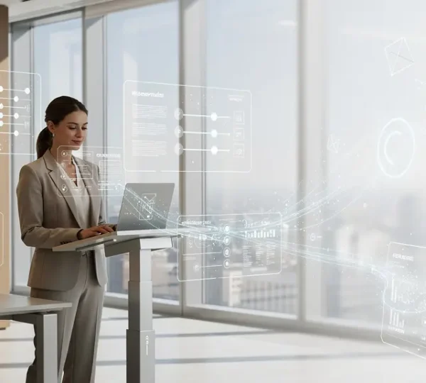 Geschäftsfrau arbeitet an mehreren digitalen Schnittstellen gleichzeitig