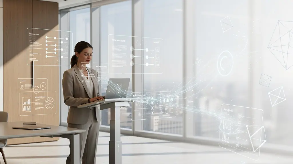 Geschäftsfrau arbeitet an mehreren digitalen Schnittstellen gleichzeitig