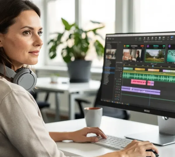 Marketing-Fachfrau bearbeitet KI-Voice-Over Video-Content am Bildschirm