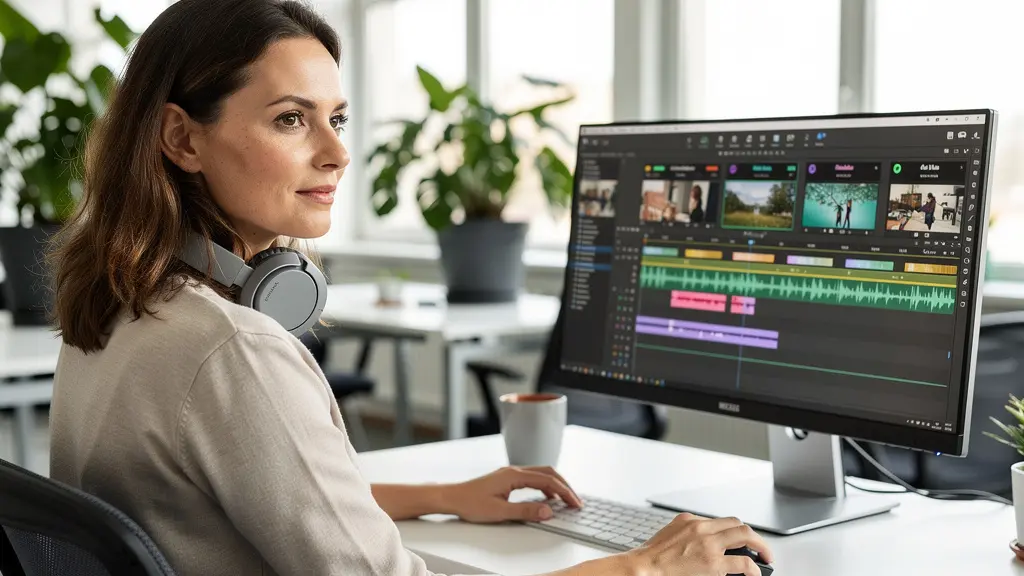 Marketing-Fachfrau bearbeitet KI-Voice-Over Video-Content am Bildschirm