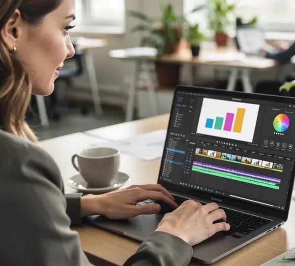 Marketing-Fachkraft arbeitet konzentriert am Online-Video-Editor in modernem Büro