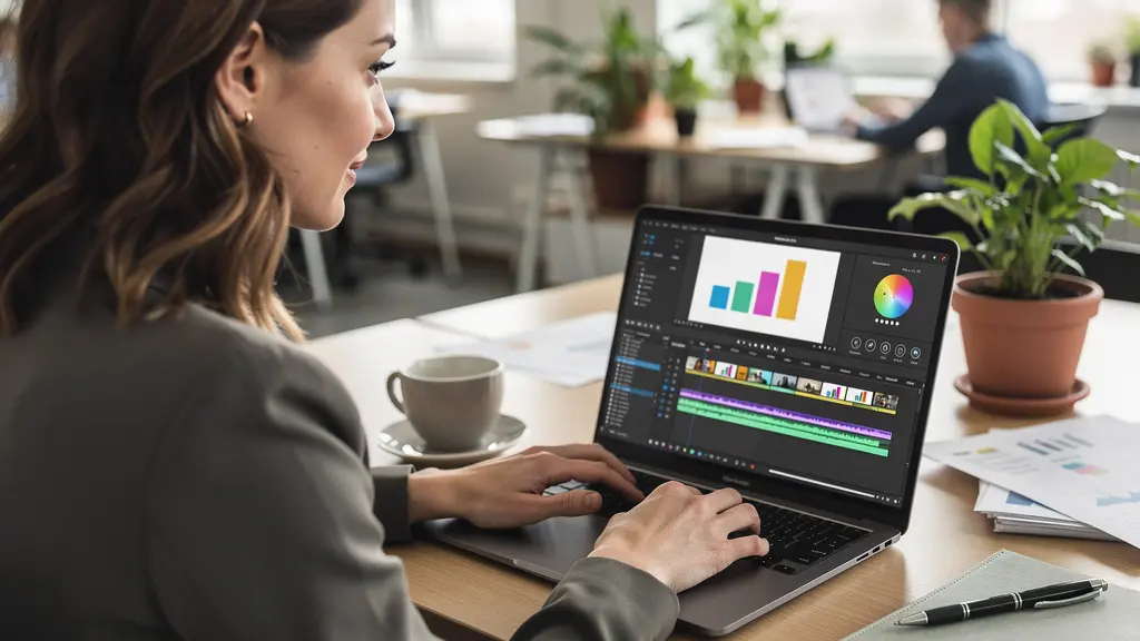 Marketing-Fachkraft arbeitet konzentriert am Online-Video-Editor in modernem Büro