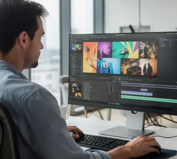 Marketing-Fachperson am Arbeitsplatz mit KI Video Generator auf dem Bildschirm