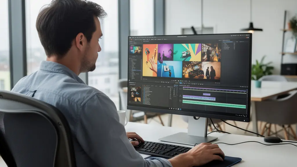 Marketing-Fachperson am Arbeitsplatz mit KI Video Generator auf dem Bildschirm
