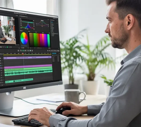 Marketing-Fachkraft arbeitet an Video-Content am modernen Arbeitsplatz mit Monitor