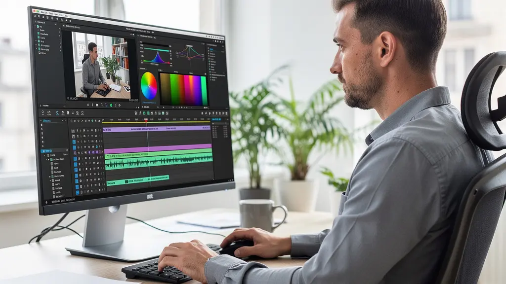 Marketing-Fachkraft arbeitet an Video-Content am modernen Arbeitsplatz mit Monitor