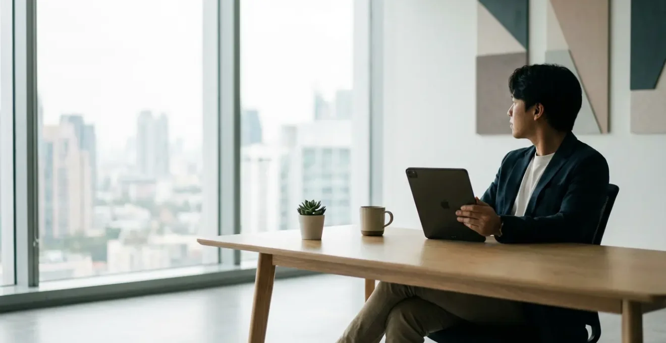 Marketingmanager analysiert strategische Optionen auf Tablet in modernem Büro