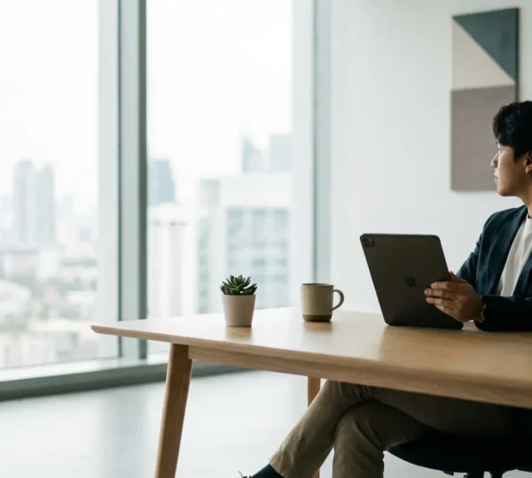 Marketingmanager analysiert strategische Optionen auf Tablet in modernem Büro