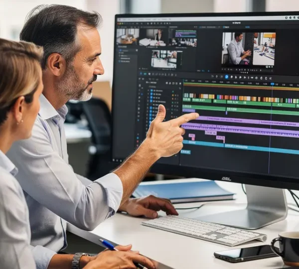 Marketing-Team diskutiert Videokreations-Plattform vor Monitor im modernen Büro