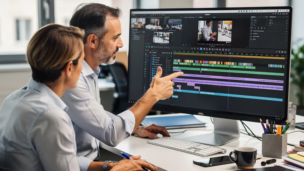 Marketing-Team diskutiert Videokreations-Plattform vor Monitor im modernen Büro