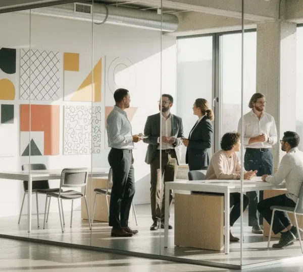 Diverse Mitarbeitergruppe in kollaborativer Unternehmensumgebung zeigt authentische Markenrepräsentation