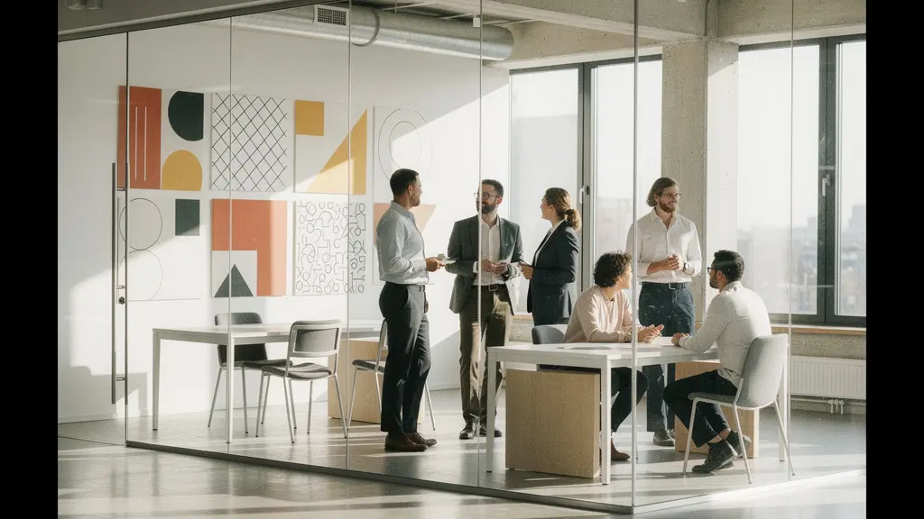 Diverse Mitarbeitergruppe in kollaborativer Unternehmensumgebung zeigt authentische Markenrepräsentation