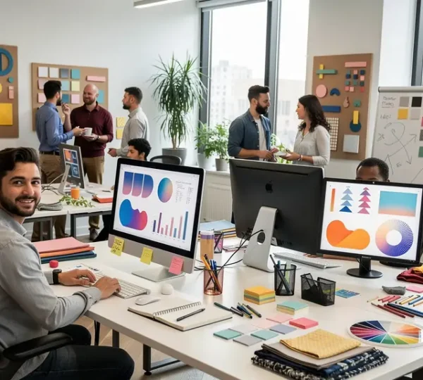 Harmonisches Marketing-Team im modernen Arbeitsumfeld mit verschiedenen Kanälen