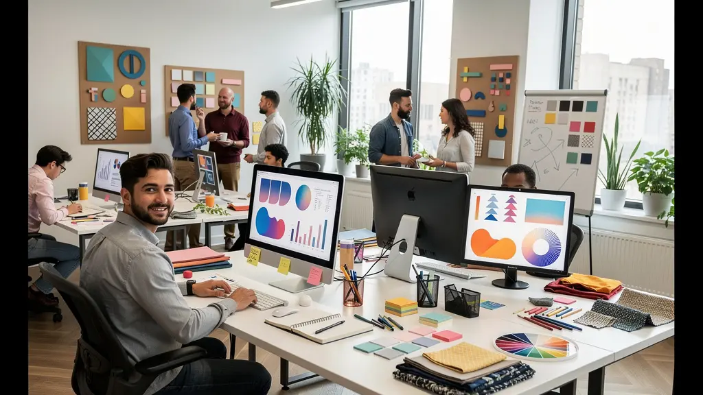 Harmonisches Marketing-Team im modernen Arbeitsumfeld mit verschiedenen Kanälen