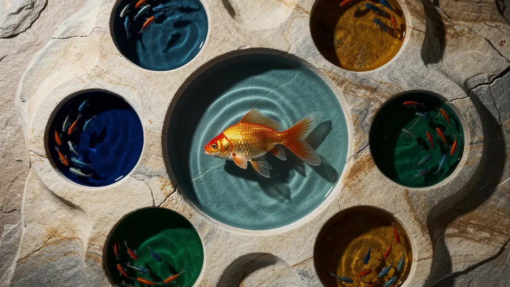 Visualisierung der Nischenstrategie und Category Design Konzepte, die einen grossen Fisch in einem kleinen Teich zeigt, umgeben von anderen Teichen mit vielen kleinen Fischen.