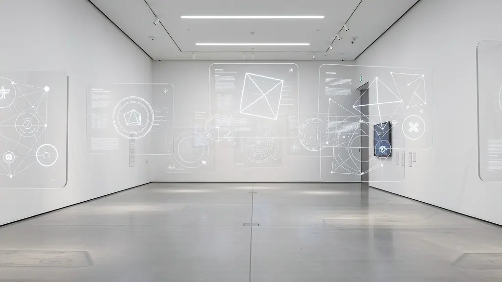 Eine interaktive Markennavigation in einem minimalistischen Raum, die die kognitive Belastung für Kunden reduziert.