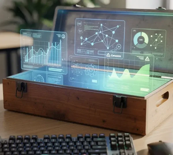 Digitaler Werkzeugkasten für SEO-Software auf modernem Schreibtisch