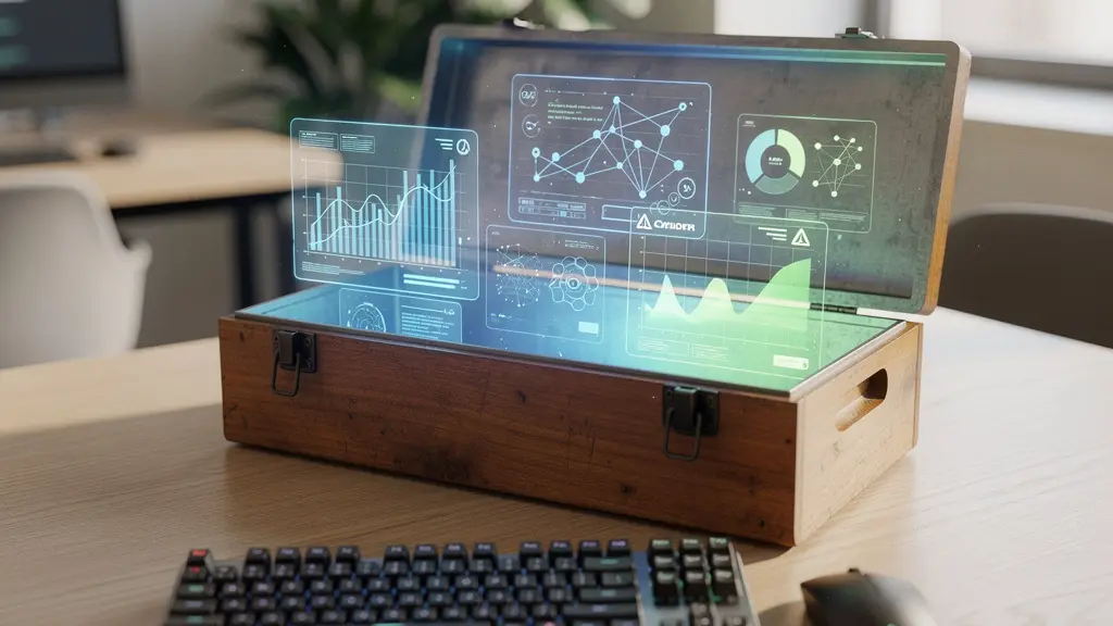 Digitaler Werkzeugkasten für SEO-Software auf modernem Schreibtisch