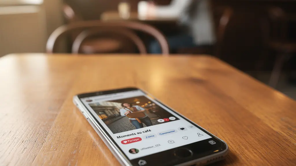 Smartphone auf Holztisch zeigt Social-Media-Video-Feed in Café-Atmosphäre