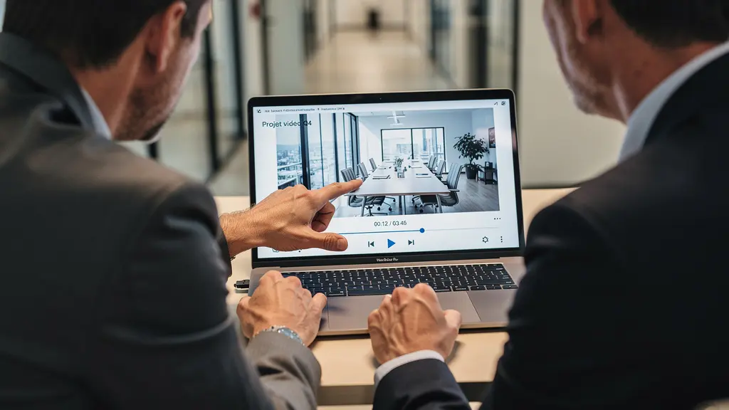 Zwei Kollegen besprechen Video-Content am Laptop im modernen Meetingraum