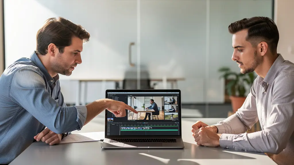 Zwei Kollegen besprechen Video-Projekt am Laptop im Meetingraum