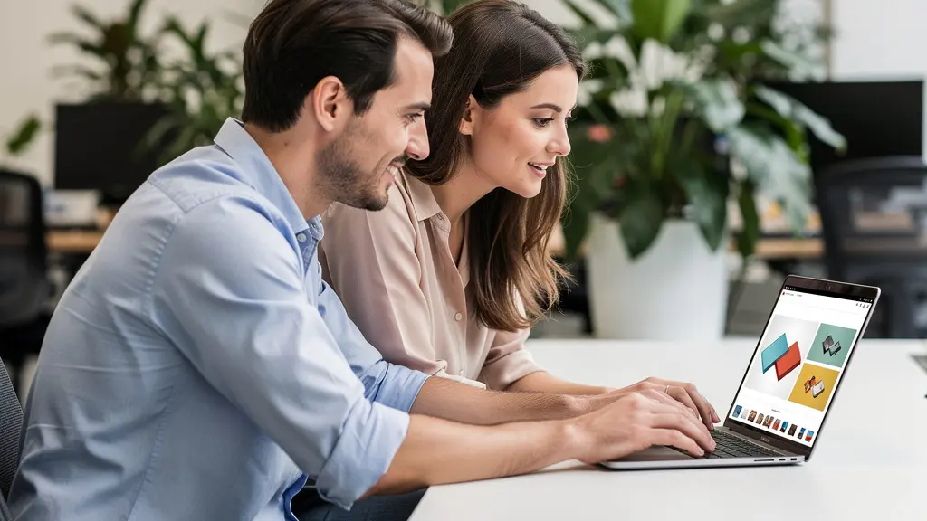 Zwei Kollegen besprechen Video-Content auf Laptop im Büro