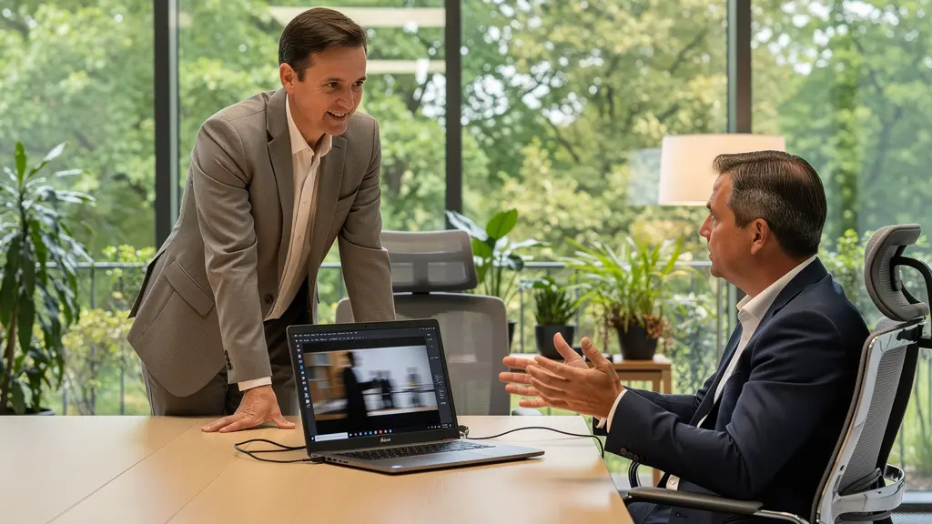 Marketing-Team diskutiert Video-Strategie mit KI-Voice-Over am Laptop