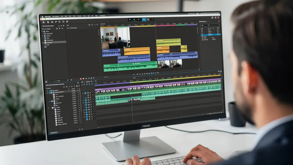 Mitarbeiterin bearbeitet Marketing-Video am Arbeitsplatz mit Timeline-Ansicht